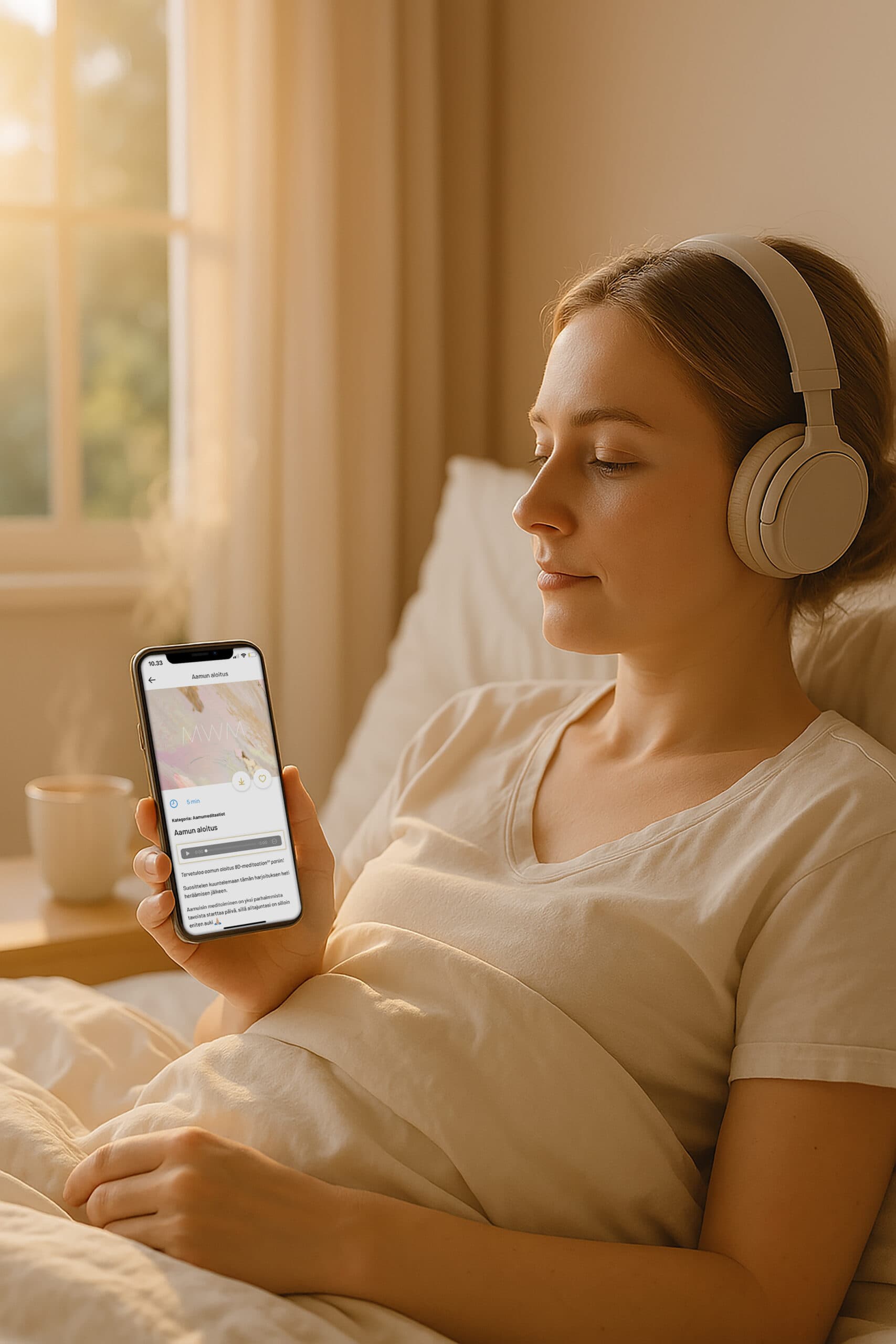 Nainen kuuntelee 8D-meditaatiot sovellusta